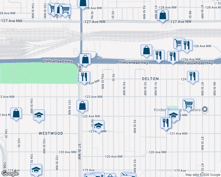 map of restaurants, bars, coffee shops, grocery stores, and more near 12312 95A Street Northwest in Edmonton