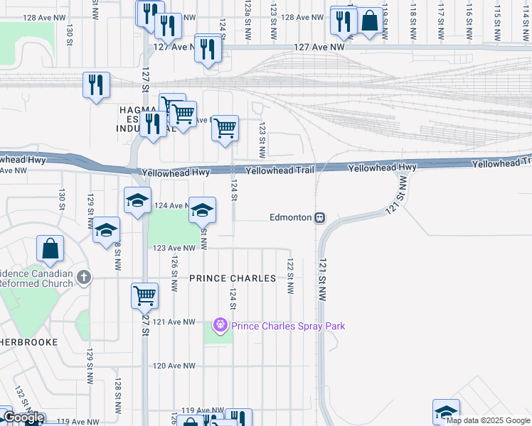 map of restaurants, bars, coffee shops, grocery stores, and more near 12230 124 Avenue Northwest in Edmonton