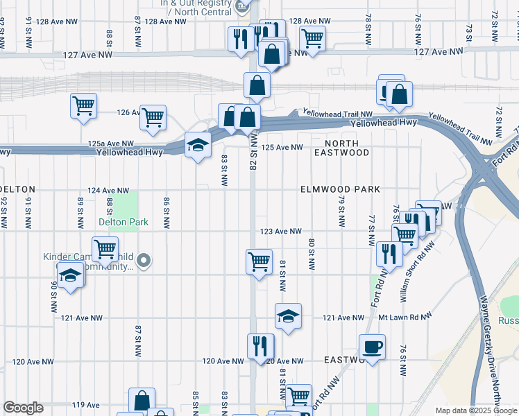 map of restaurants, bars, coffee shops, grocery stores, and more near 12325 82 Street Northwest in Edmonton