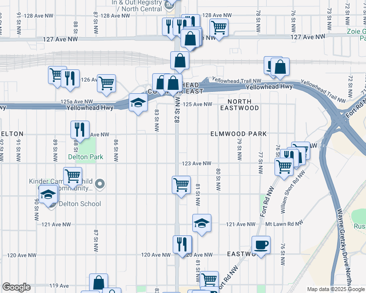 map of restaurants, bars, coffee shops, grocery stores, and more near 12308 82 Street Northwest in Edmonton