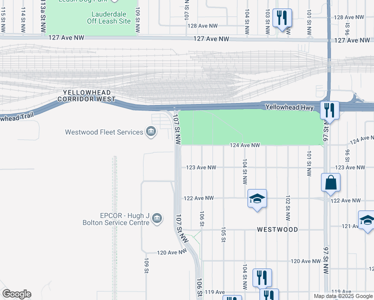 map of restaurants, bars, coffee shops, grocery stores, and more near 12302 123 Avenue Northwest in Edmonton
