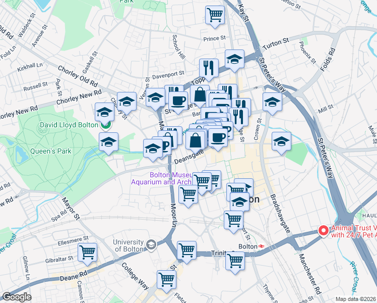 map of restaurants, bars, coffee shops, grocery stores, and more near 124 Deansgate in Greater Manchester