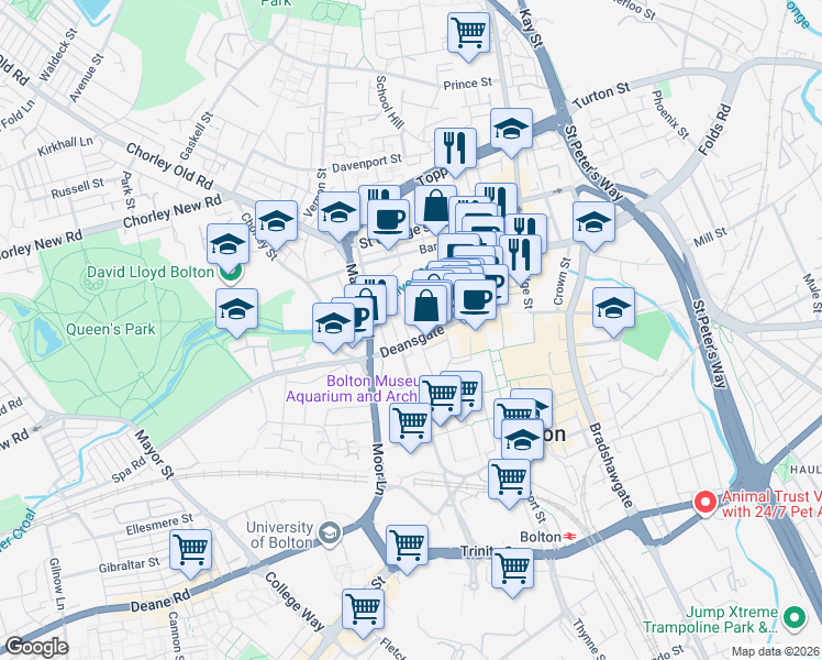 map of restaurants, bars, coffee shops, grocery stores, and more near 124 Deansgate in Greater Manchester