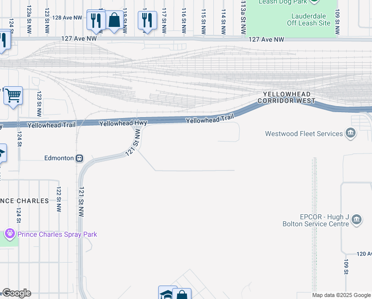 map of restaurants, bars, coffee shops, grocery stores, and more near 12646 124 Street Northwest in Edmonton