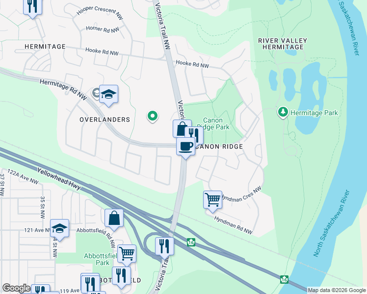 map of restaurants, bars, coffee shops, grocery stores, and more near Victoria Trail NW & Hermitage Rd NW in Edmonton