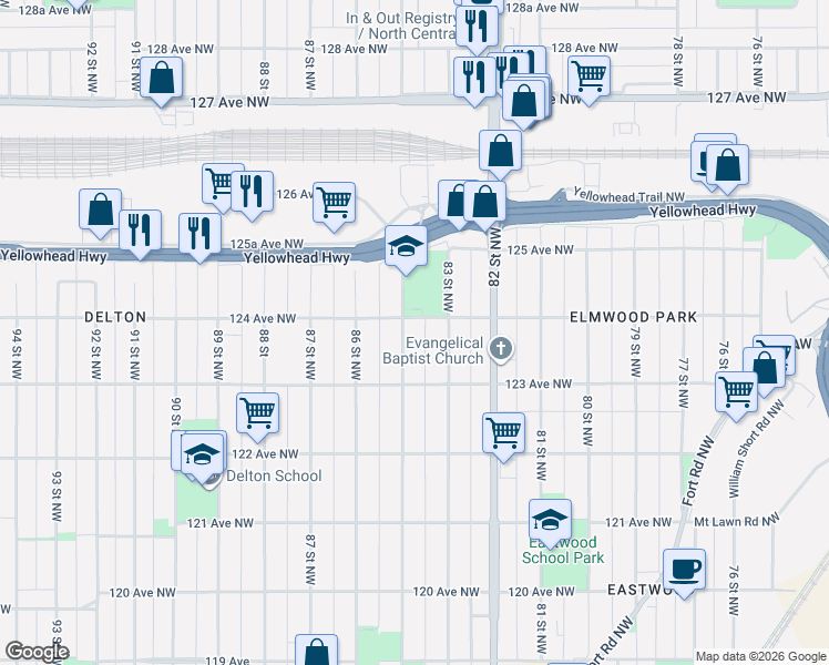 map of restaurants, bars, coffee shops, grocery stores, and more near 8319 124 Avenue Northwest in Edmonton