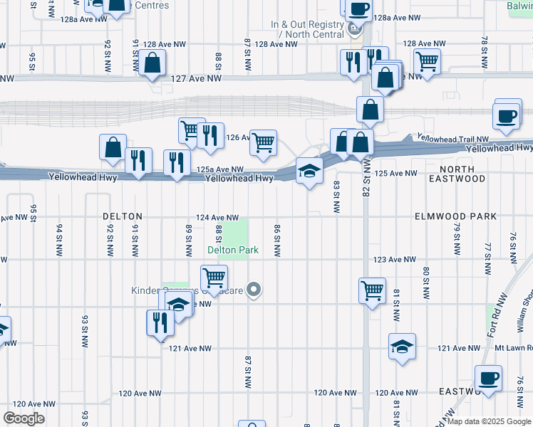map of restaurants, bars, coffee shops, grocery stores, and more near 12402 86 Street Northwest in Edmonton
