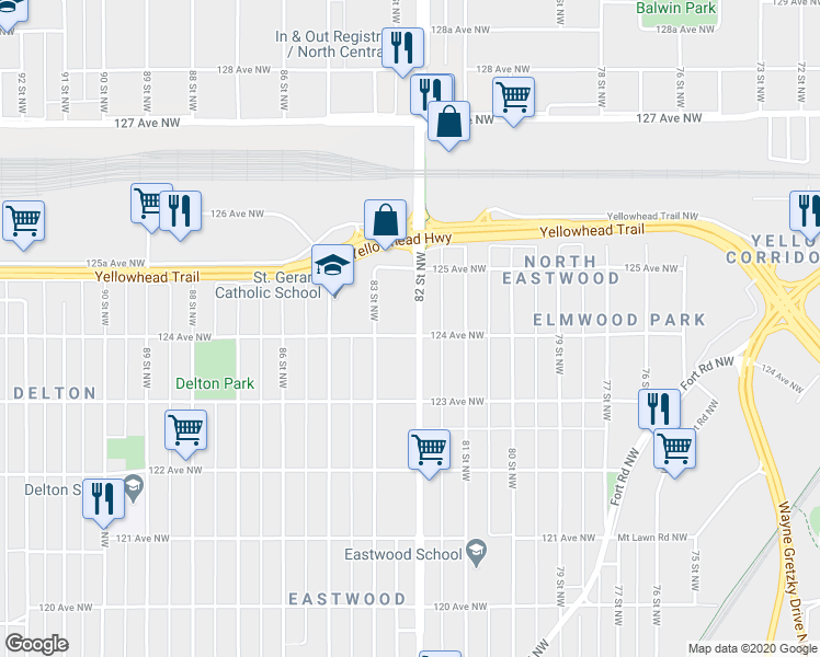 map of restaurants, bars, coffee shops, grocery stores, and more near 12402 82 Street Northwest in Edmonton