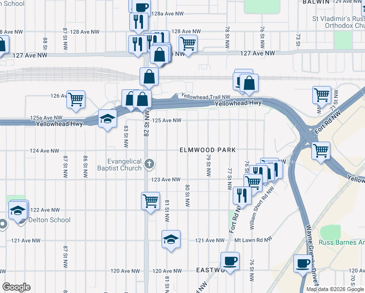 map of restaurants, bars, coffee shops, grocery stores, and more near 12404 80 Street Northwest in Edmonton