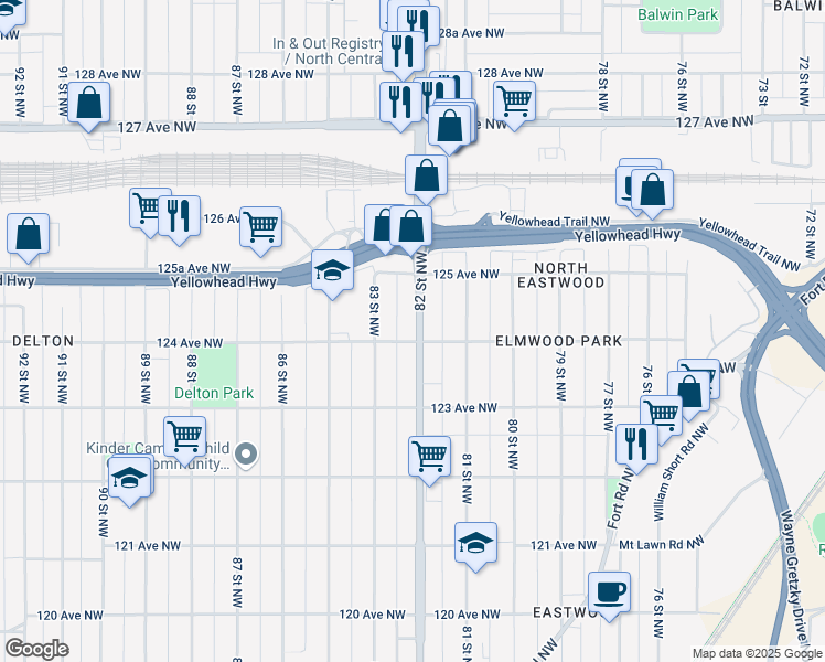 map of restaurants, bars, coffee shops, grocery stores, and more near 12408 82 Street Northwest in Edmonton