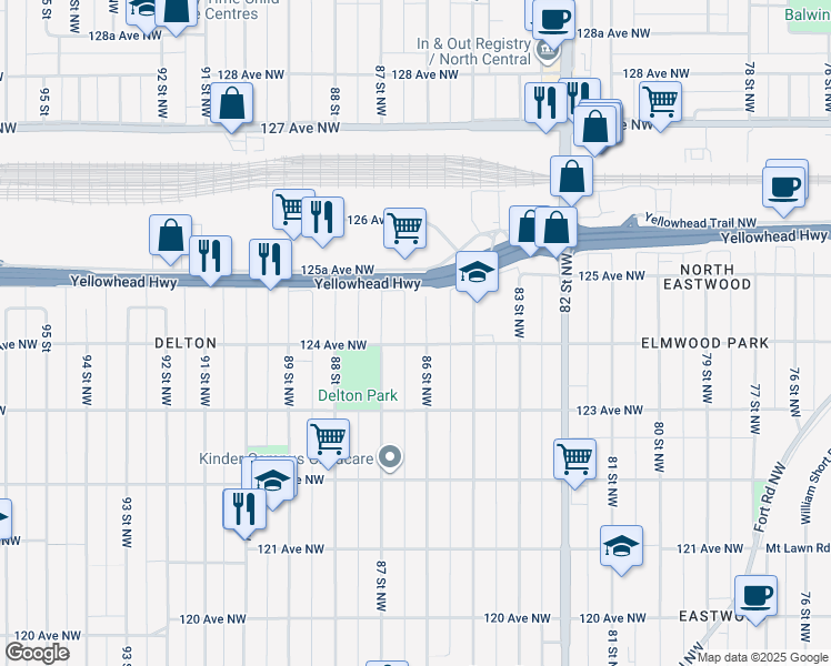 map of restaurants, bars, coffee shops, grocery stores, and more near 12402 86 Street Northwest in Edmonton