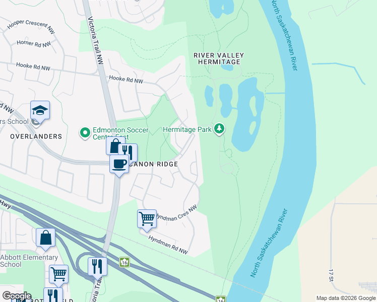 map of restaurants, bars, coffee shops, grocery stores, and more near 1407 Hermitage Road Northwest in Edmonton