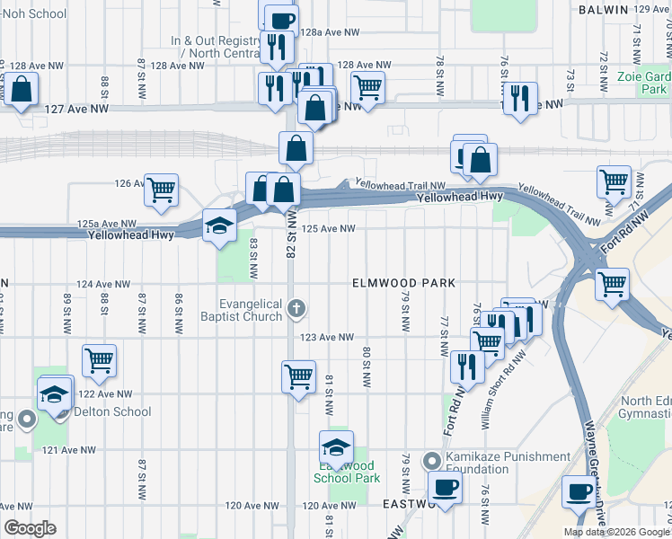map of restaurants, bars, coffee shops, grocery stores, and more near 12404 80 Street Northwest in Edmonton