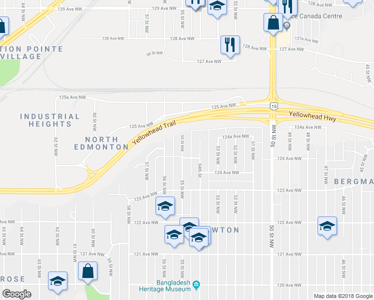 map of restaurants, bars, coffee shops, grocery stores, and more near in Edmonton