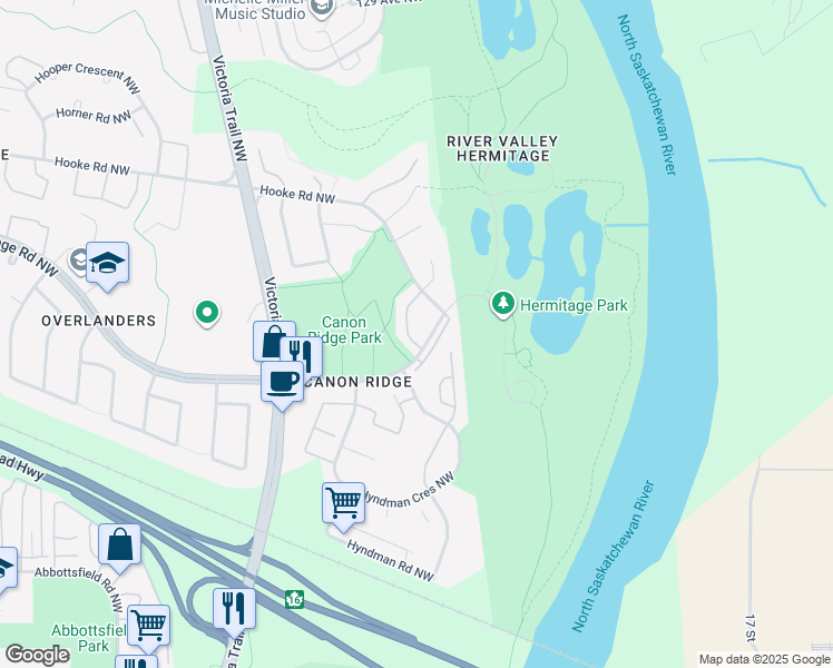 map of restaurants, bars, coffee shops, grocery stores, and more near 1404 Hermitage Road Northwest in Edmonton