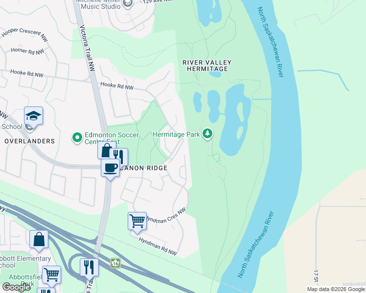 map of restaurants, bars, coffee shops, grocery stores, and more near 1407 Hermitage Road Northwest in Edmonton