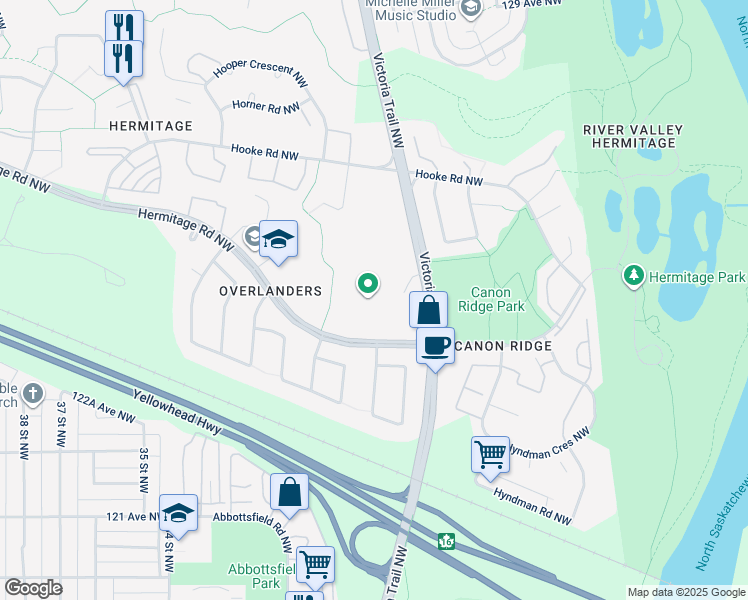 map of restaurants, bars, coffee shops, grocery stores, and more near 12720 Victoria Trail Northwest in Edmonton