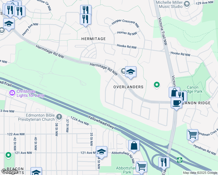 map of restaurants, bars, coffee shops, grocery stores, and more near 331 Huffman Crescent Northwest in Edmonton