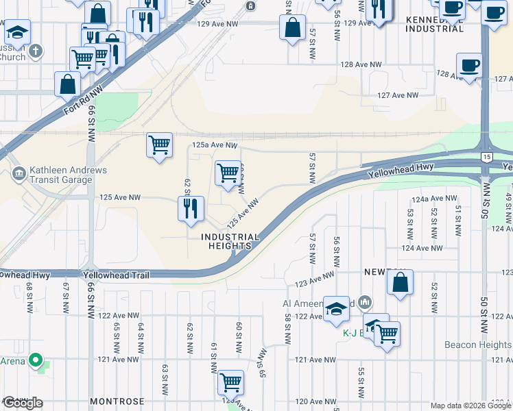 map of restaurants, bars, coffee shops, grocery stores, and more near 5903-5923 125 Avenue Northwest in Edmonton