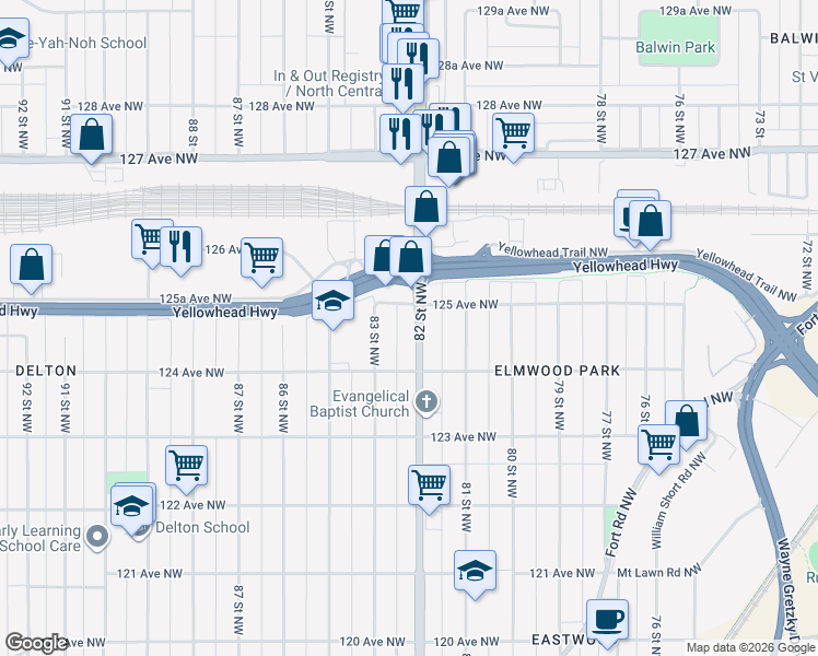 map of restaurants, bars, coffee shops, grocery stores, and more near 12430 82 Street Northwest in Edmonton