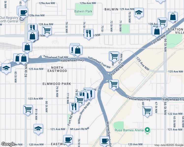 map of restaurants, bars, coffee shops, grocery stores, and more near 7315 Yellowhead Trail in Edmonton