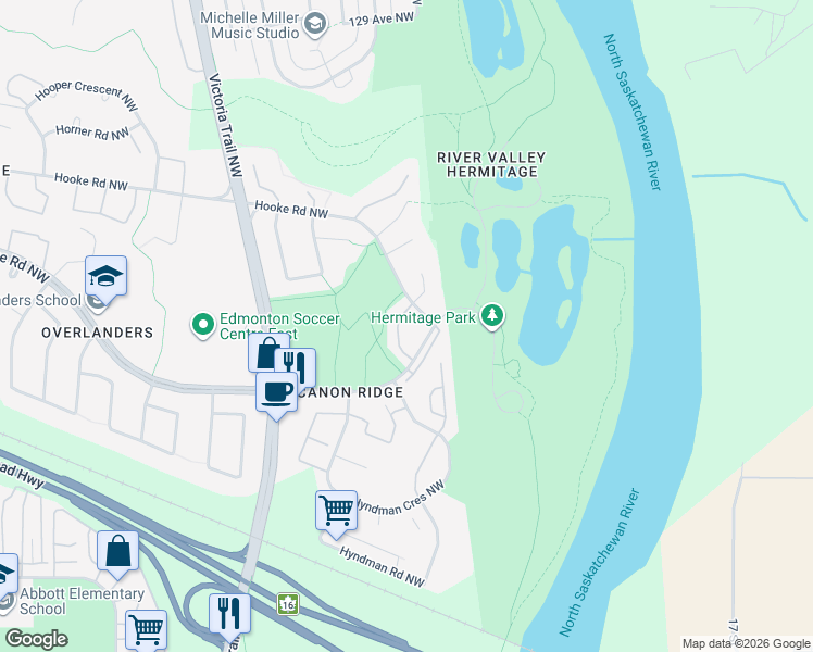 map of restaurants, bars, coffee shops, grocery stores, and more near 1404 Hermitage Road Northwest in Edmonton