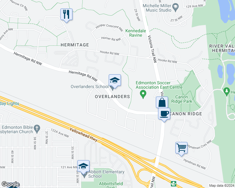 map of restaurants, bars, coffee shops, grocery stores, and more near 1180 Hermitage Road Northwest in Edmonton