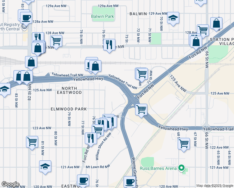 map of restaurants, bars, coffee shops, grocery stores, and more near 7317 Yellowhead Trail in Edmonton