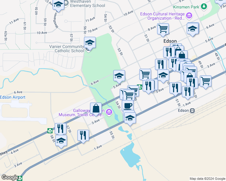 map of restaurants, bars, coffee shops, grocery stores, and more near 5333 5 Avenue in Edson