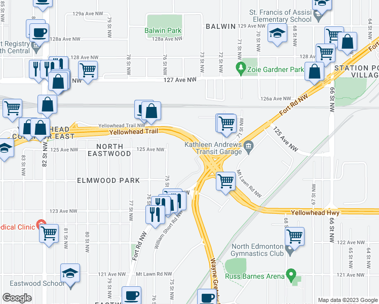 map of restaurants, bars, coffee shops, grocery stores, and more near 7317 Yellowhead Trail in Edmonton