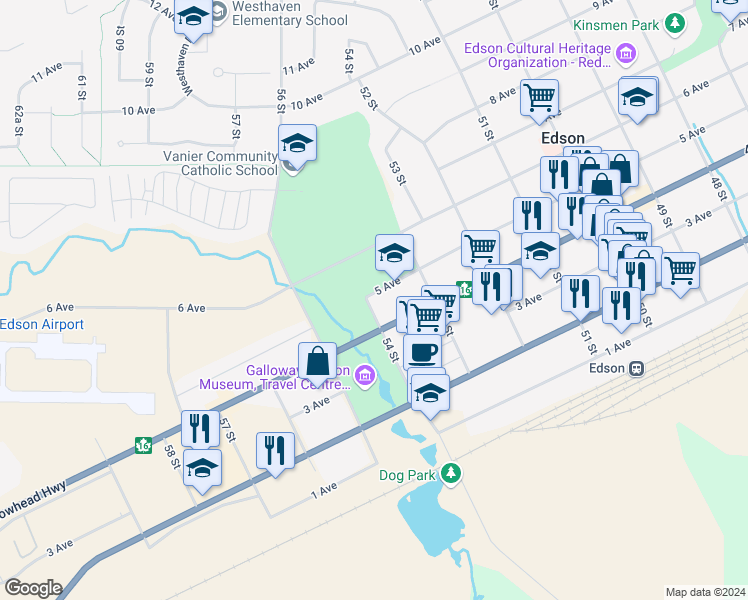 map of restaurants, bars, coffee shops, grocery stores, and more near 5333 5 Avenue in Edson