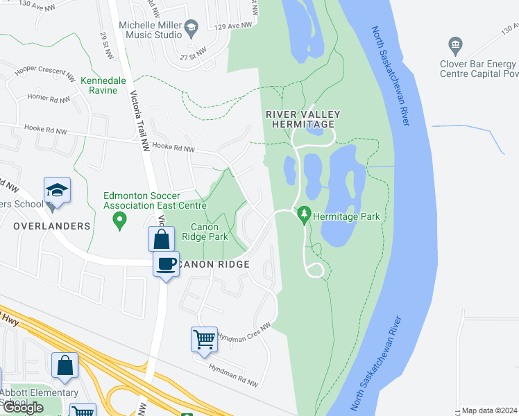 map of restaurants, bars, coffee shops, grocery stores, and more near 492 Hooke Road Northwest in Edmonton