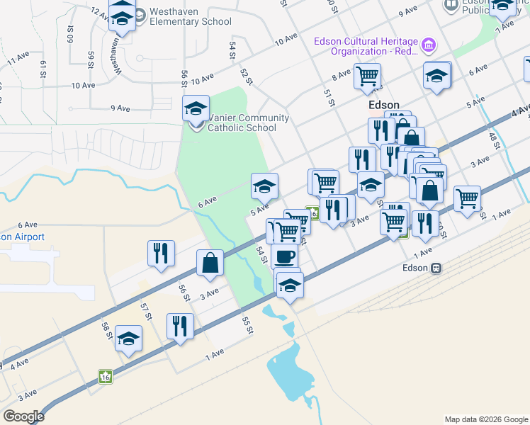 map of restaurants, bars, coffee shops, grocery stores, and more near 5317 5 Avenue in Edson