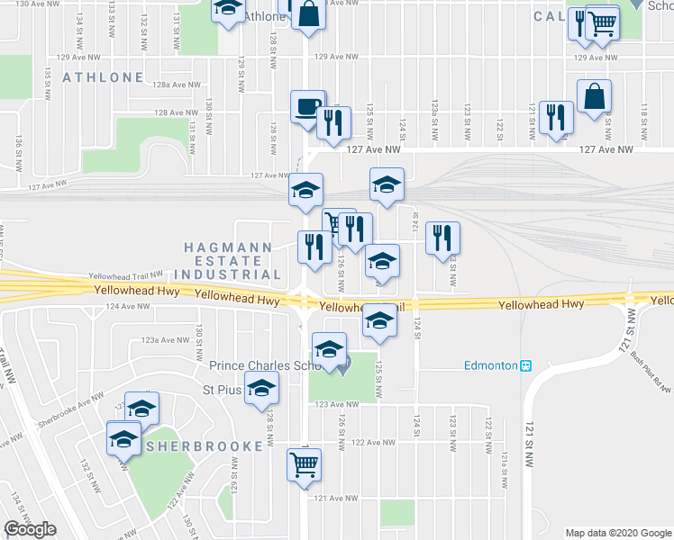 map of restaurants, bars, coffee shops, grocery stores, and more near 12524 126 Street Northwest in Edmonton