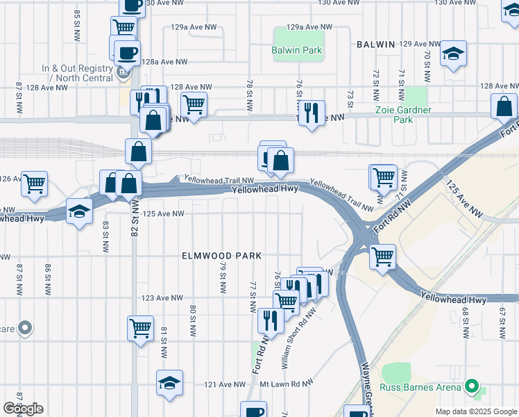 map of restaurants, bars, coffee shops, grocery stores, and more near 7608 125 Avenue Northwest in Edmonton