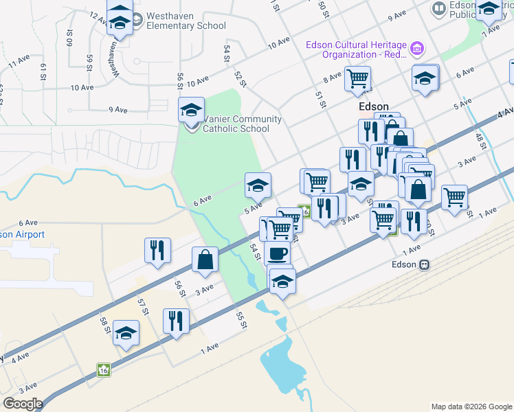 map of restaurants, bars, coffee shops, grocery stores, and more near 5317 5 Avenue in Edson