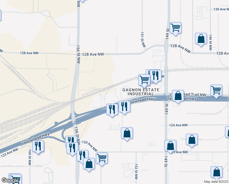 map of restaurants, bars, coffee shops, grocery stores, and more near 15310 Yellowhead Trail Northwest in Edmonton