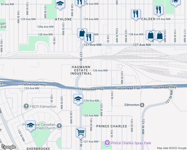 map of restaurants, bars, coffee shops, grocery stores, and more near 12524 126 Street Northwest in Edmonton