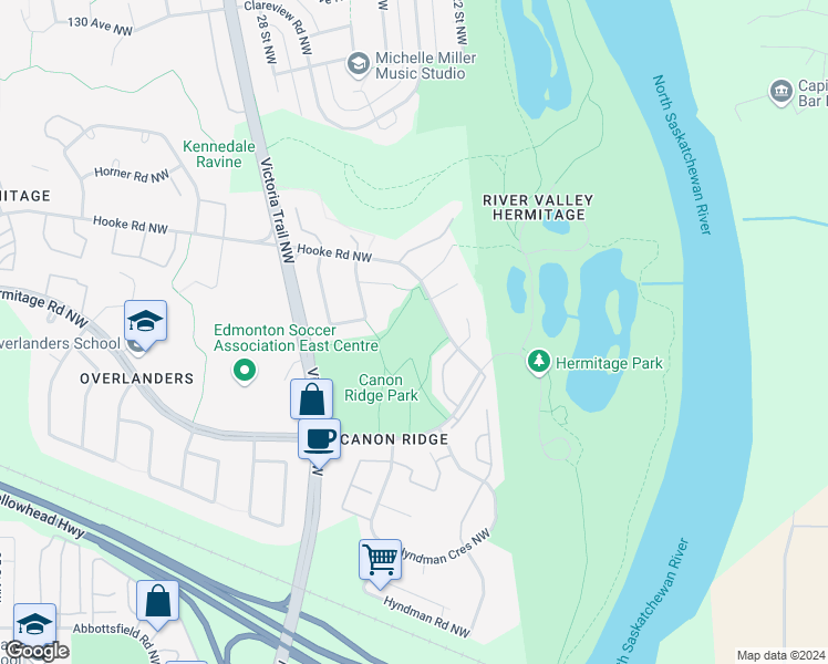 map of restaurants, bars, coffee shops, grocery stores, and more near 305 Hooke Road Northwest in Edmonton