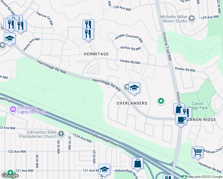 map of restaurants, bars, coffee shops, grocery stores, and more near 316 Huffman Crescent Northwest in Edmonton