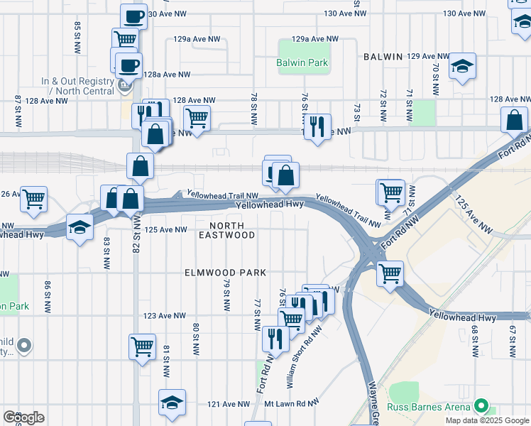 map of restaurants, bars, coffee shops, grocery stores, and more near 7608 125 Avenue Northwest in Edmonton