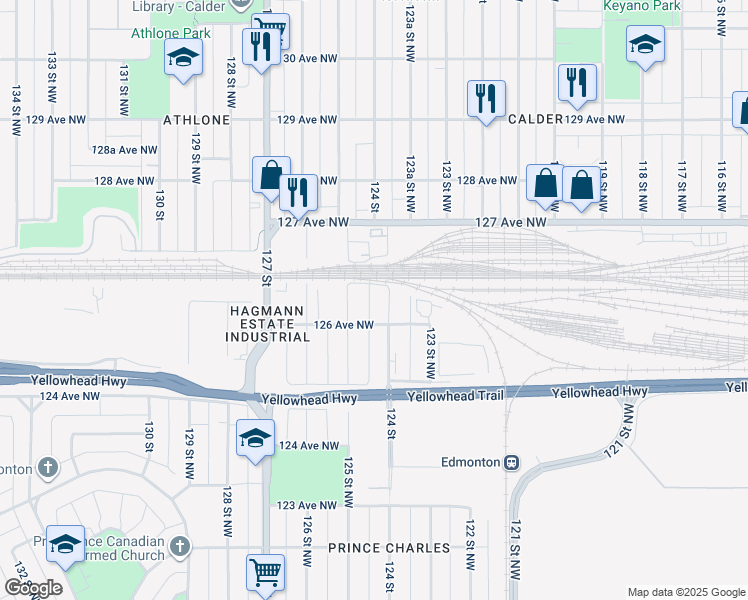 map of restaurants, bars, coffee shops, grocery stores, and more near 12618 B 124 Street in Edmonton