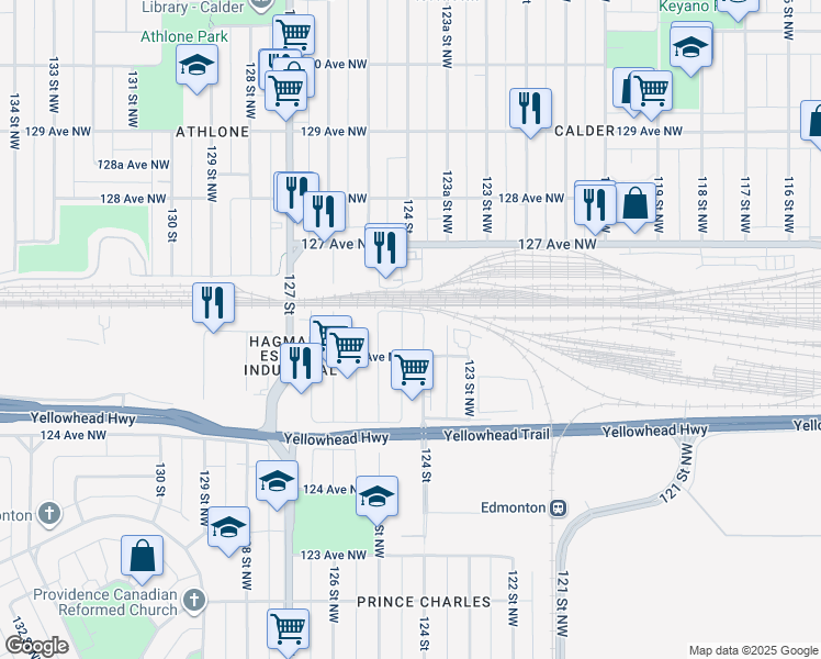 map of restaurants, bars, coffee shops, grocery stores, and more near 12618 B 124 Street in Edmonton