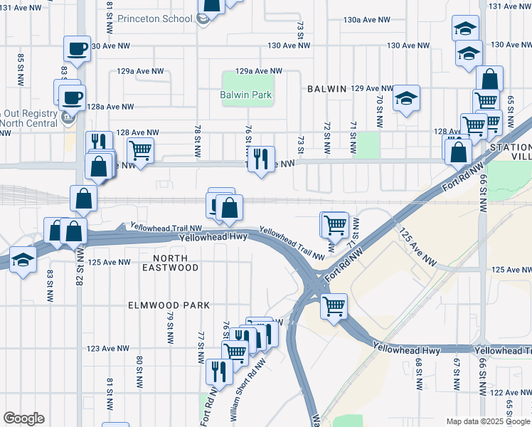 map of restaurants, bars, coffee shops, grocery stores, and more near 7420 Yellowhead Trail Northwest in Edmonton
