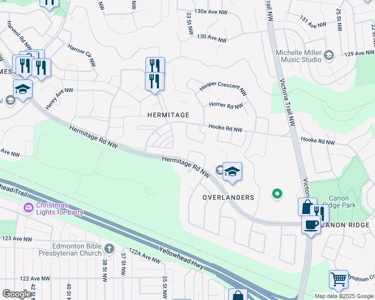 map of restaurants, bars, coffee shops, grocery stores, and more near 1102 Hermitage Road Northwest in Edmonton