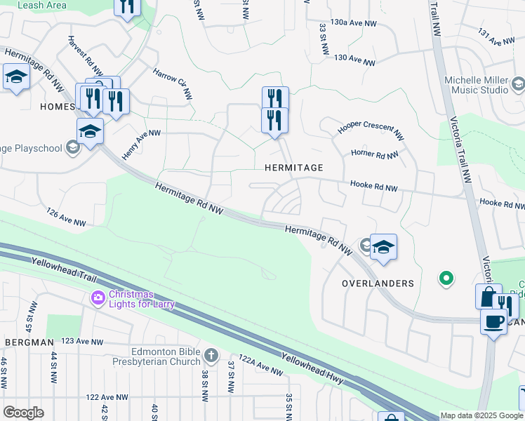 map of restaurants, bars, coffee shops, grocery stores, and more near 1279 Hooke Road Northwest in Edmonton