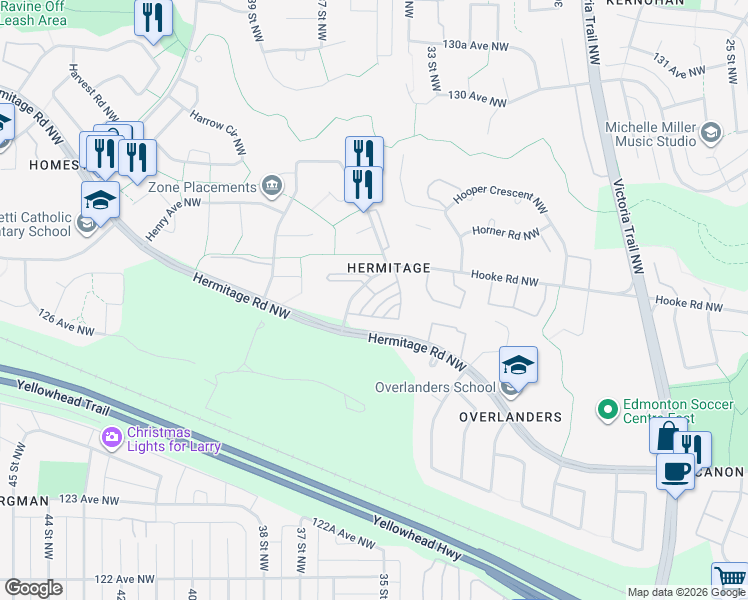 map of restaurants, bars, coffee shops, grocery stores, and more near 1154 Hooke Road Northwest in Edmonton
