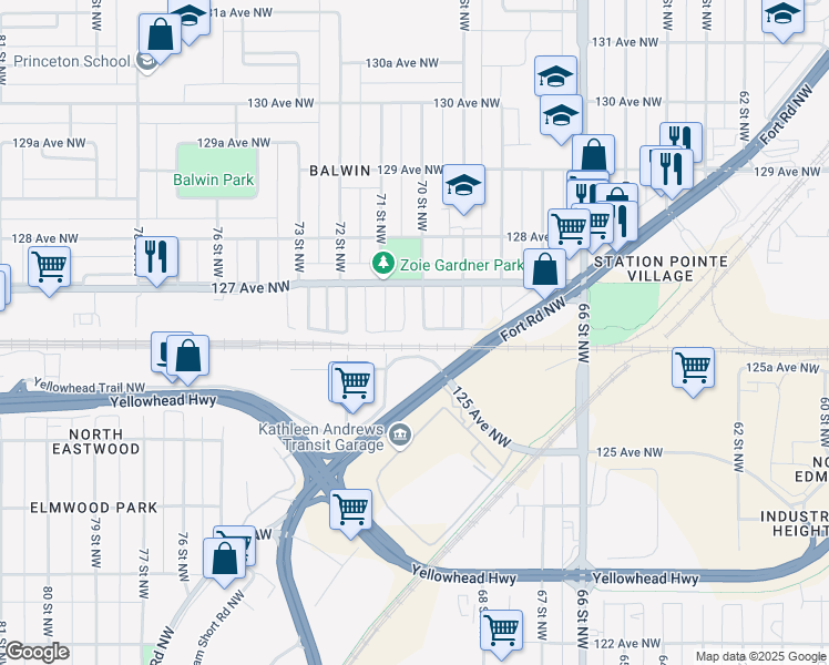map of restaurants, bars, coffee shops, grocery stores, and more near 12636 70 Street Northwest in Edmonton