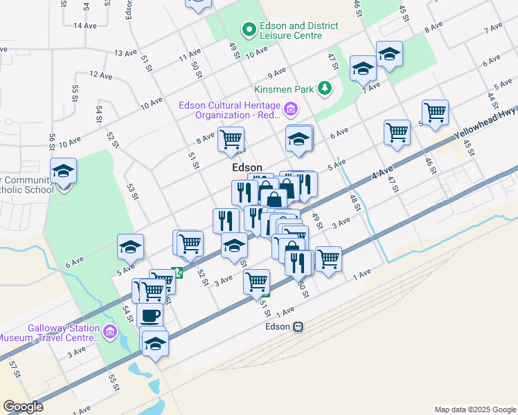 map of restaurants, bars, coffee shops, grocery stores, and more near 422 50 Street in Edson