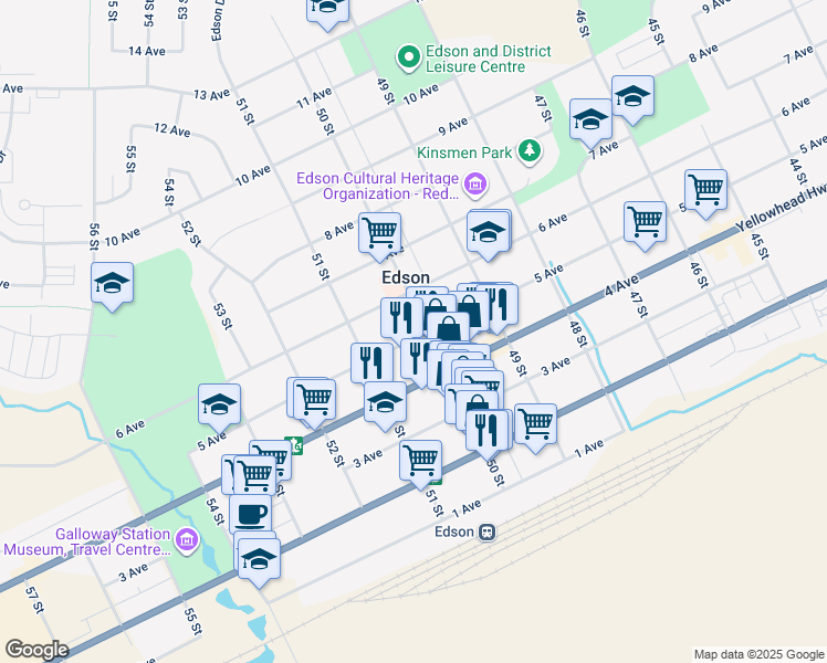 map of restaurants, bars, coffee shops, grocery stores, and more near 422 50 Street in Edson
